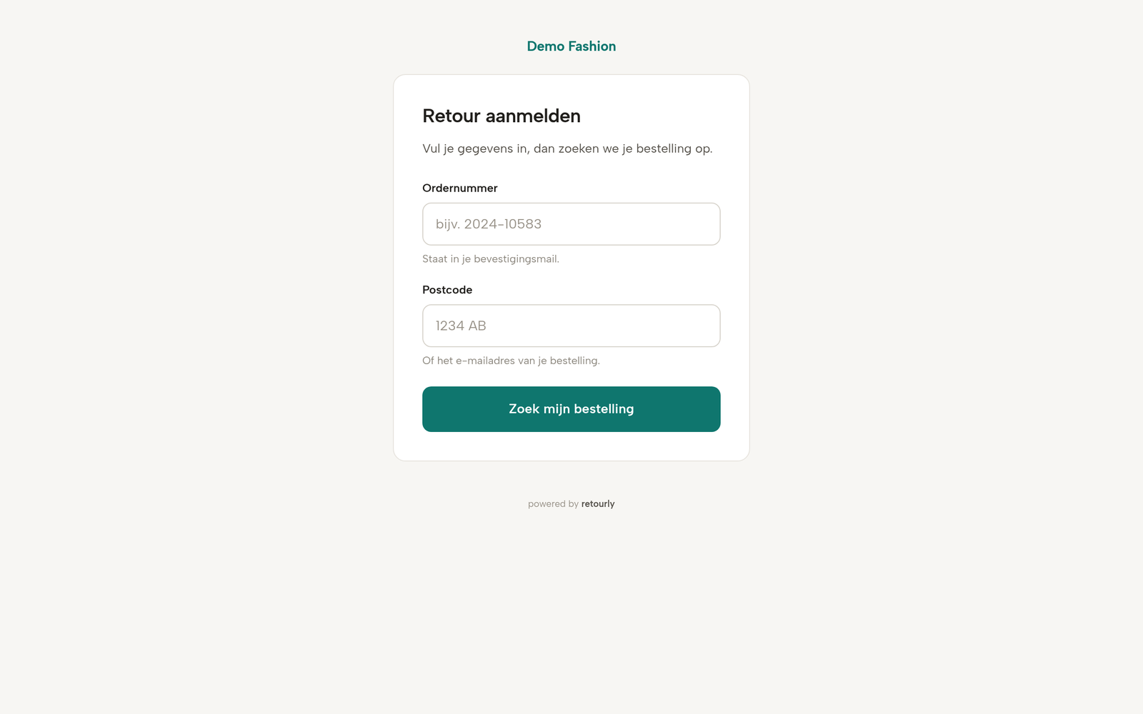 Retourportaal van Retourly in de huisstijl van een webshop, met artikelen uit een Magento 2-bestelling