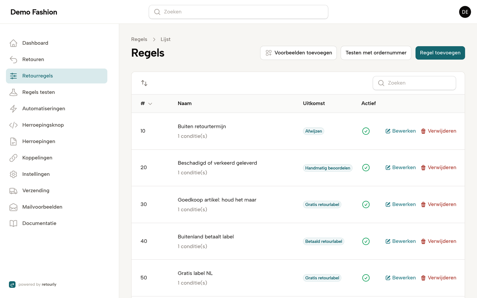 De regelslijst in het beheer van Retourly met uitkomsten als afwijzen, handmatig beoordelen, gratis en betaald retourlabel