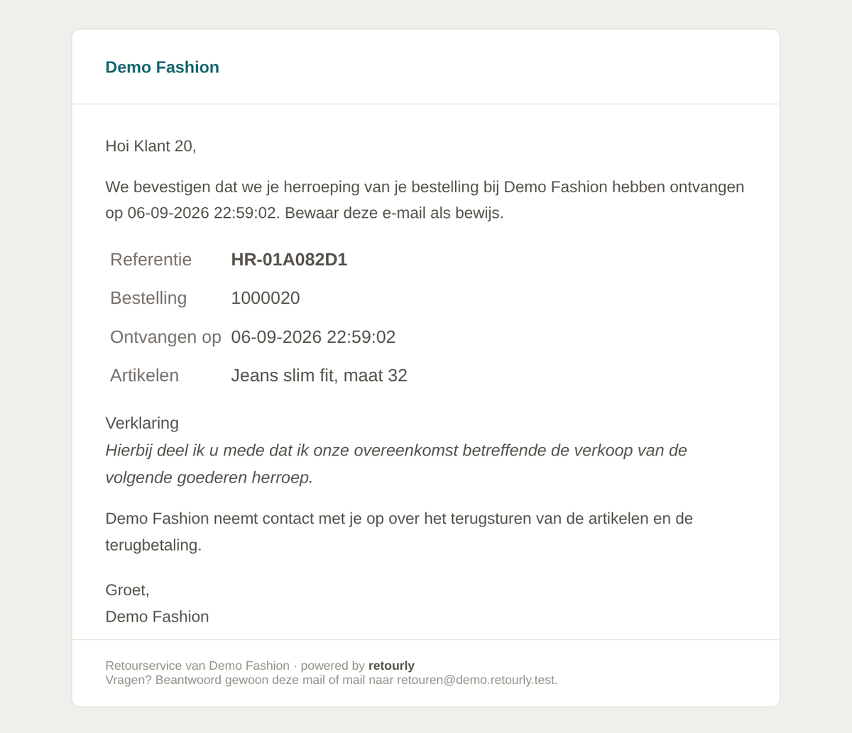 Automatische ontvangstbevestiging van een herroeping met referentie, bestelling, datum en tijdstip