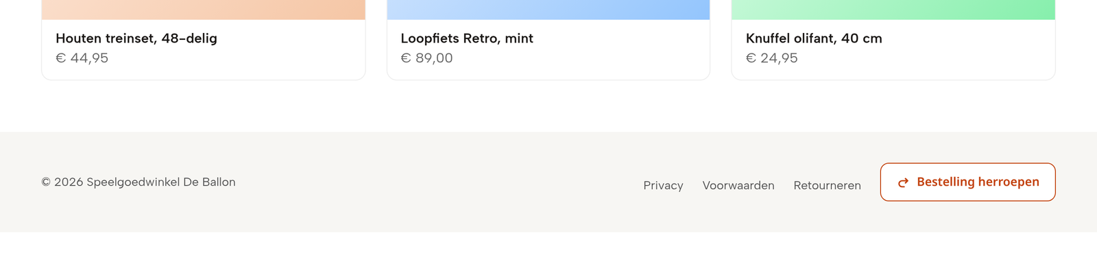 Voorbeeld van een herroepingsknop in de footer van een webshop, naast Privacy en Voorwaarden