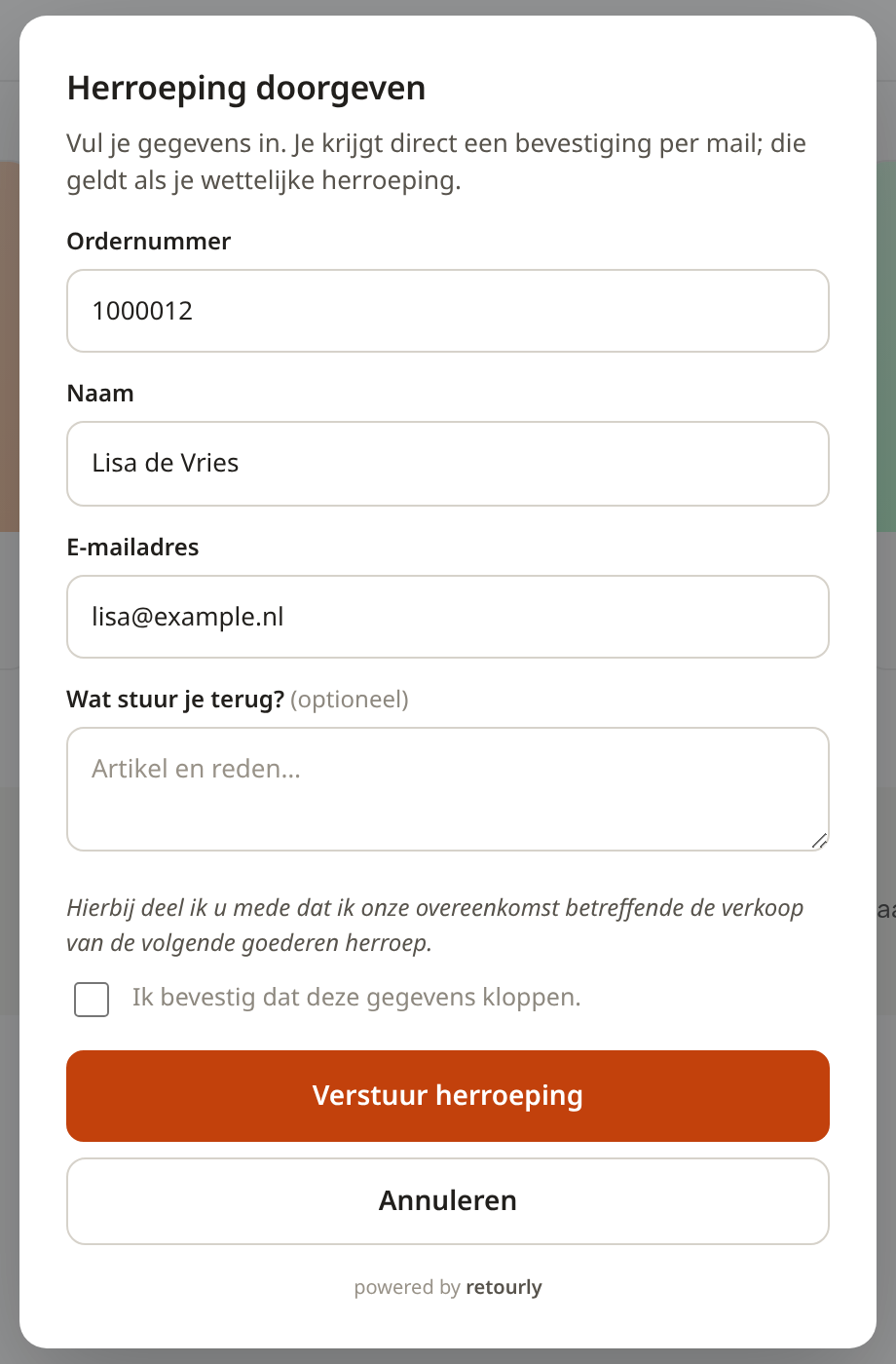 Herroepingsformulier met naam, ordernummer en e-mailadres en de wettelijke herroepingsverklaring