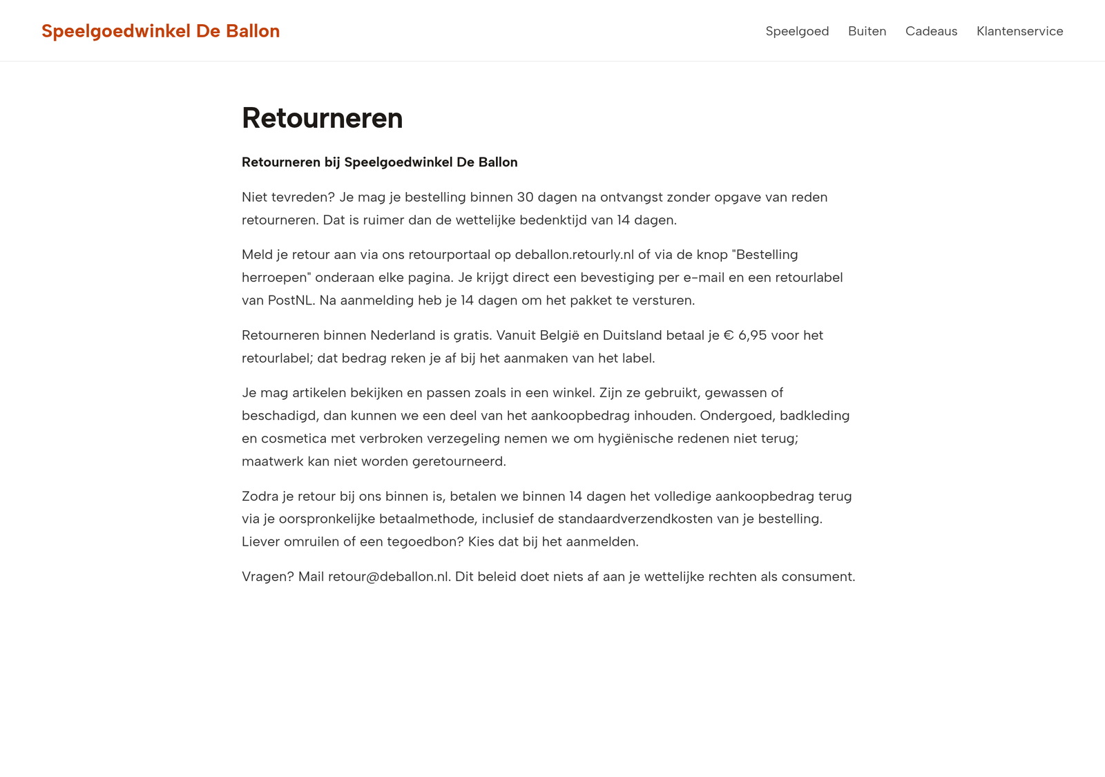 Voorbeeld van een retourbeleid op de retourpagina van een webshop