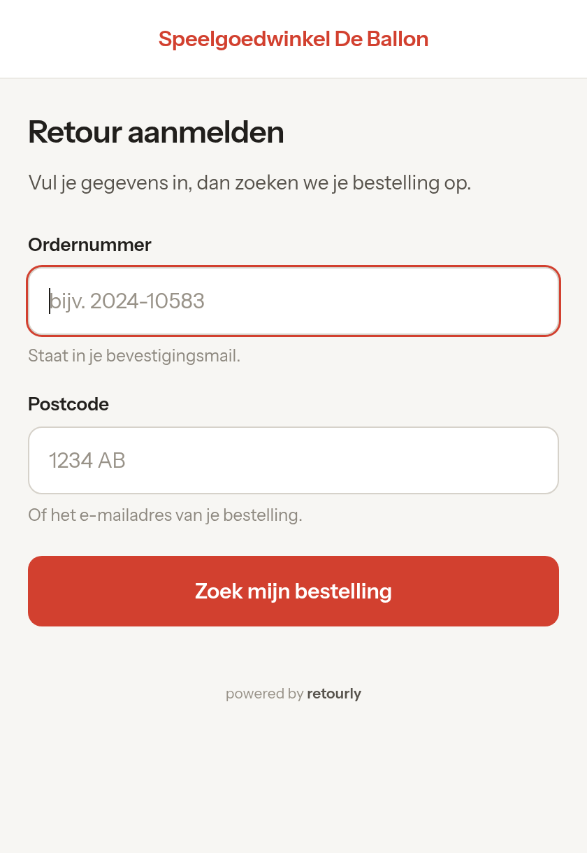 Het echte retourportaal van demo-shop Speelgoedwinkel De Ballon, in eigen huisstijl